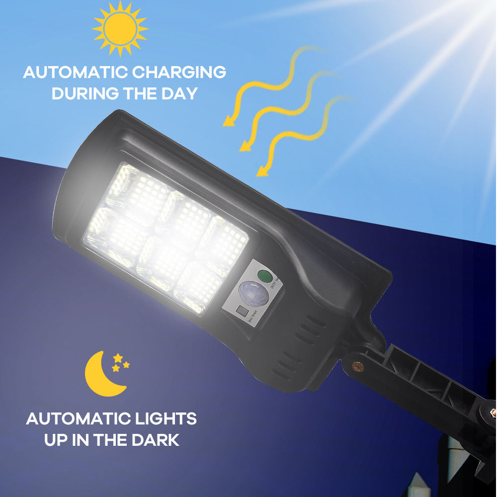 3 מצבים חיצוניים אלחוטיים LED סולאריים אור רחוב בין ערביים עד עלות השחר חיישן תנועה אבטחה מנורת רחוב עם שלט רחוק (2)
