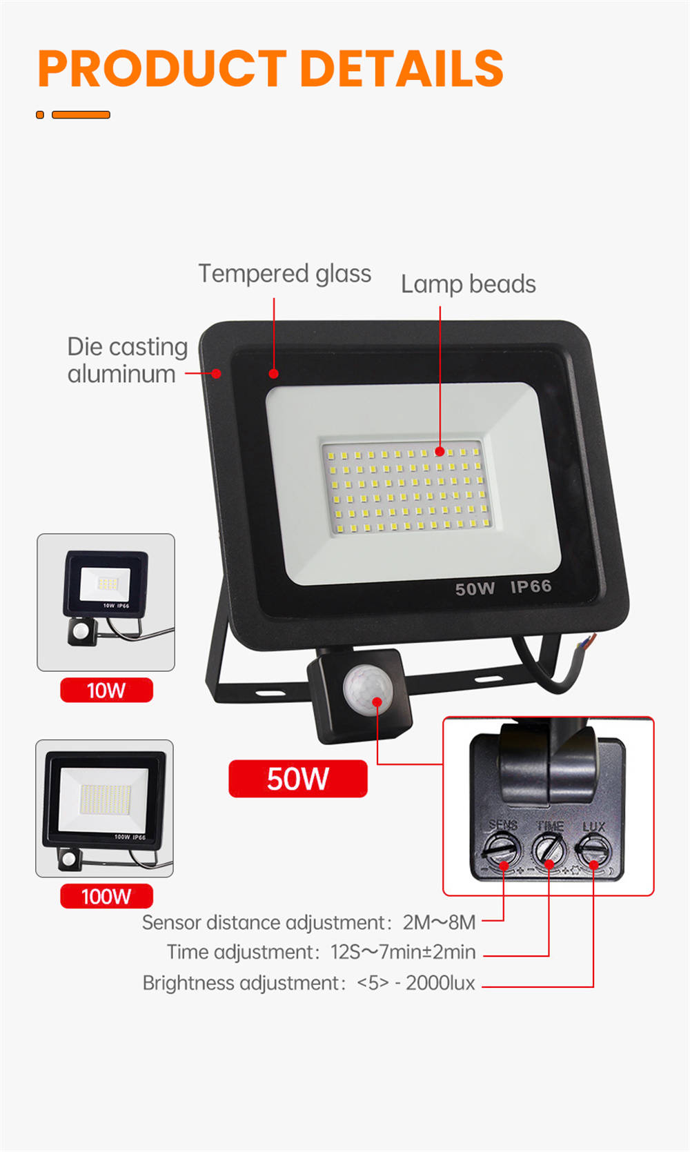 IP66 Waterproof Outdoor Slim Motion Sensor LED Flood Light Spotlight Lamp Industrial 100W 50W 30W 20W 10W LED Floodlight (2)