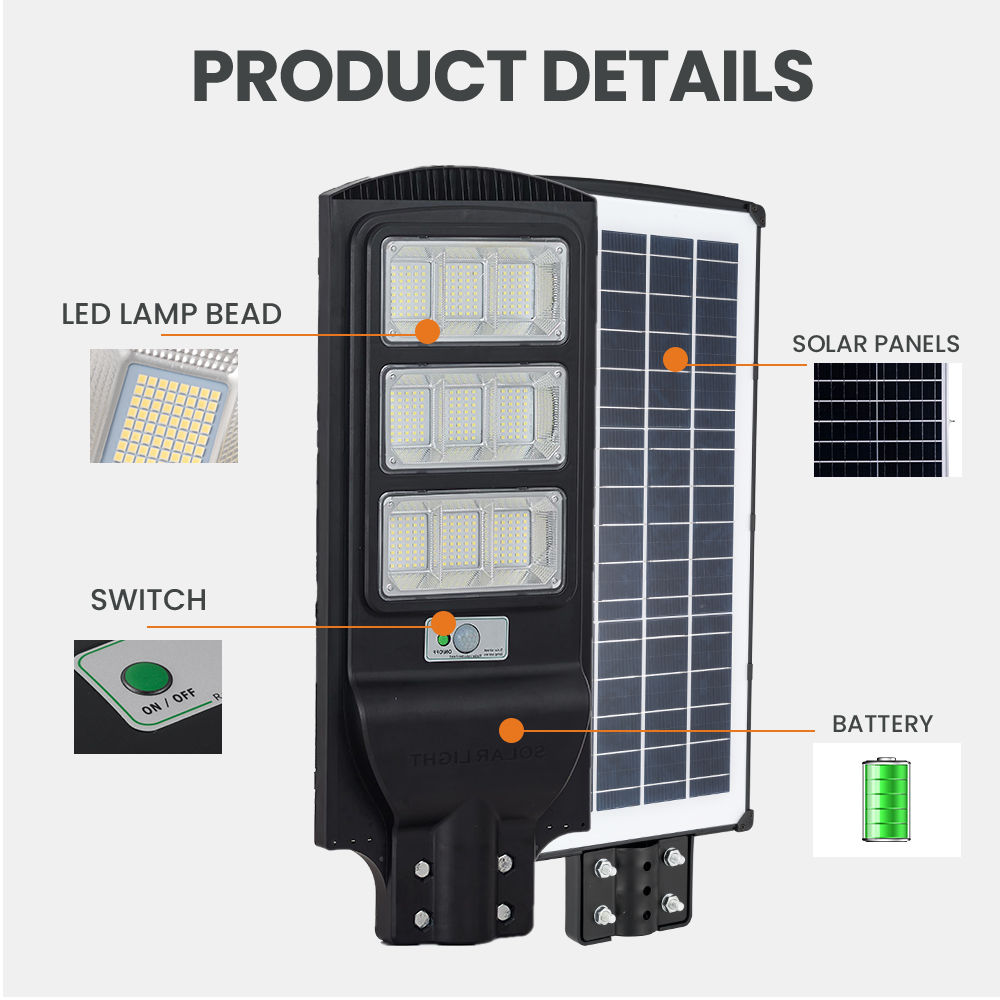 આઉટડોર સોલર સ્ટ્રીટ લાઇટ, મોશન સેન્સર 6000K સાથે LED સોલર પાવર્ડ પાર્કિંગ લોટ લેમ્પ, ડસ્ક ટુ ડોન, ટાઈમર સ્વિચ (7)