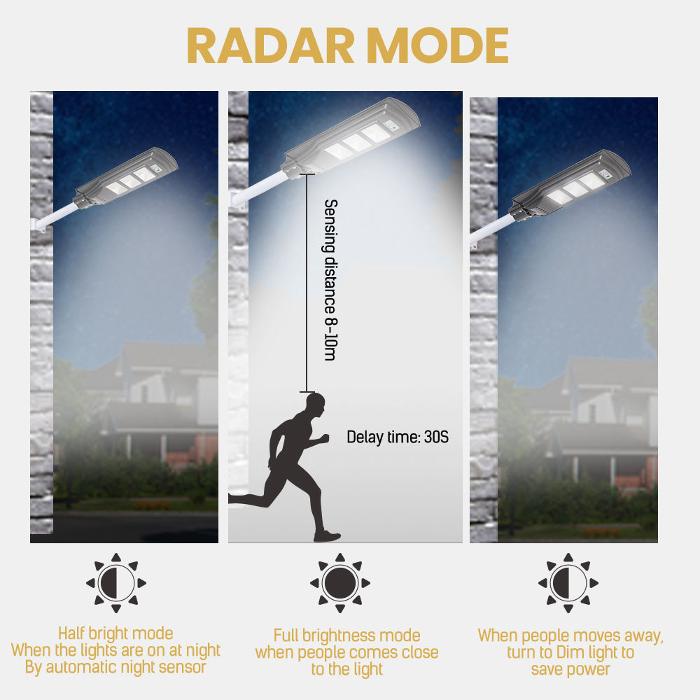 레이더 감지기는 Ip65 30W 60W 90W 120W 옥외 모두를 1개의 태양 지도된 가로등에서 방수 처리합니다 (4)